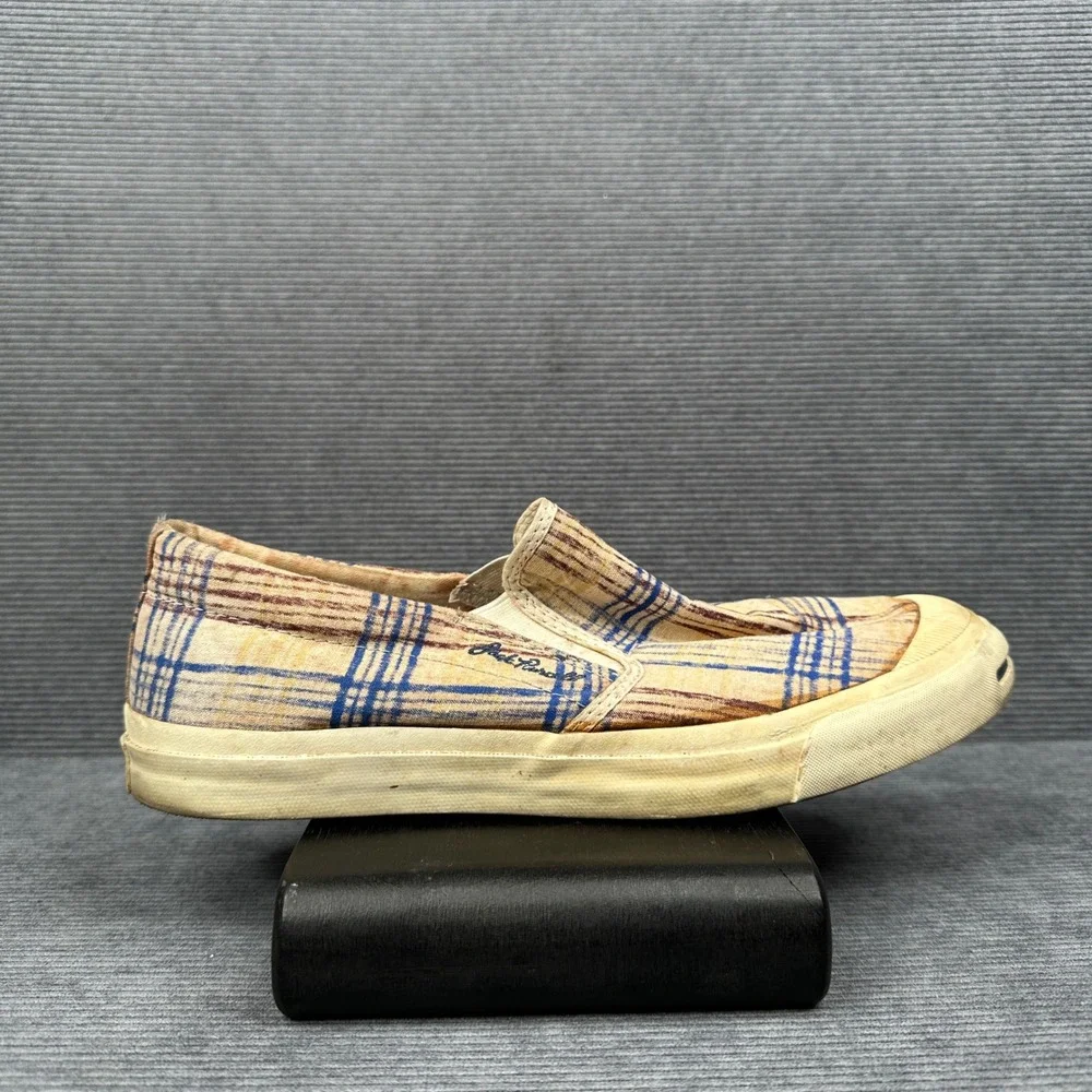 Converse Jack Purcell Mens 10 Slip On Plaid Tan Blue Textile Sneakers 1Q2811